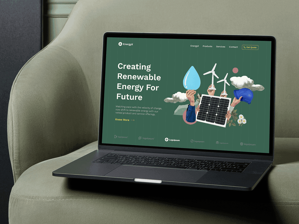 Image of a computer on a sofa in which the computer shows a green energy company
